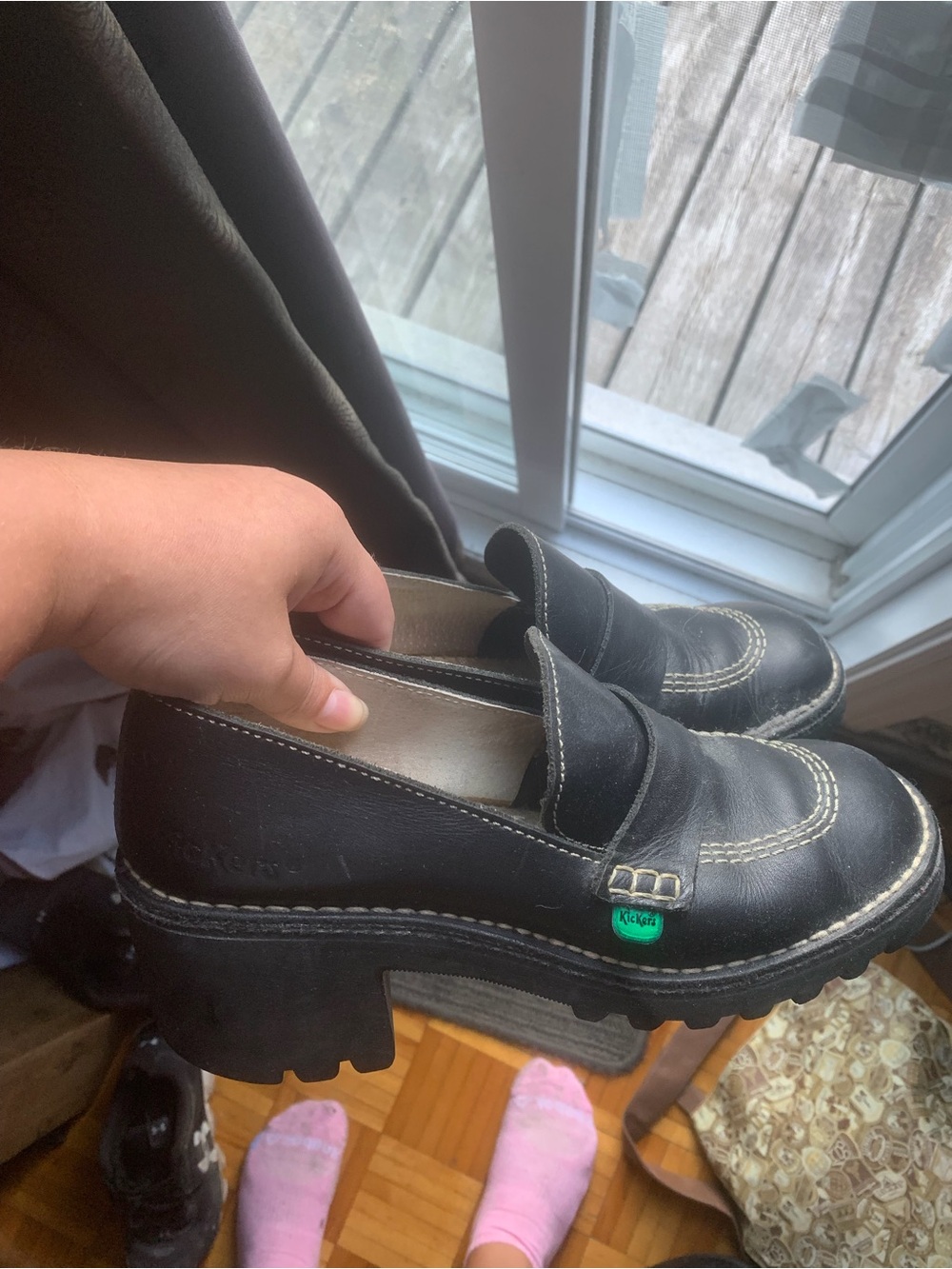 Kickers Black Leather Platform Penny Loafers